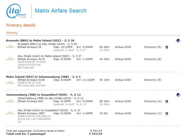 Brisel >> Abu Dhabi >> Mahe otok (Sejšeli) >> Johannesburg >> Abu Dhabi >> Dusseldorf