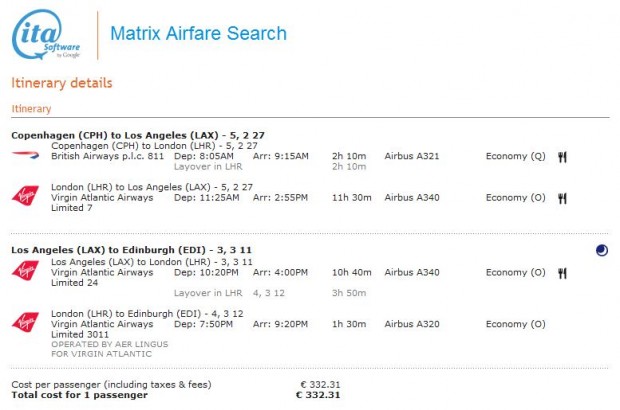 Primjer Copenhagen - Los Angeles - Edinburgh