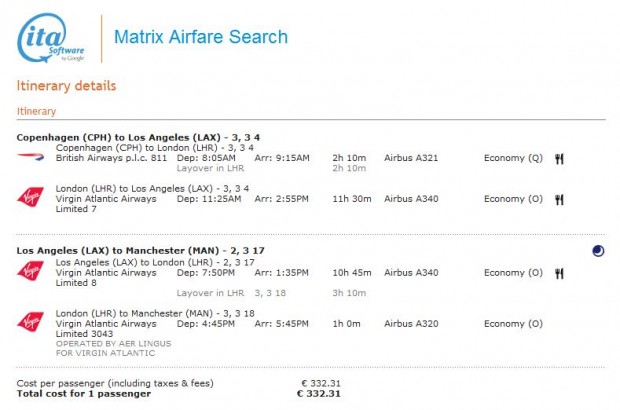 Primjer Copenhagen - Los Angeles - Manchester