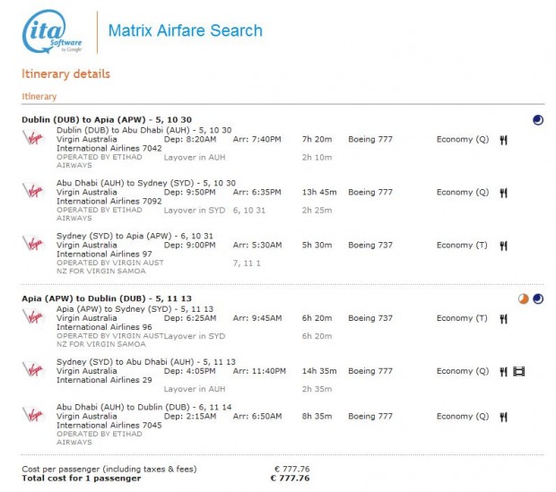 Dublin - Apia - Dublin, 10. - 11.mjesec 2014.
