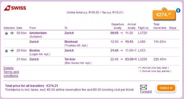 Amsterdam >> Zurich >> Montreal -- Boston >> Zurich >> Tel Aviv