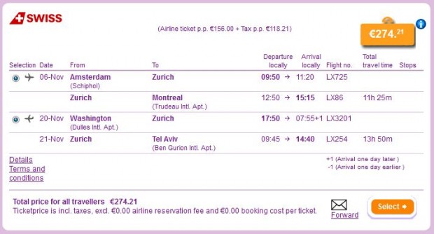 Amsterdam >> Zurich >> Montreal -- Washington >> Zurich >> Tel Aviv