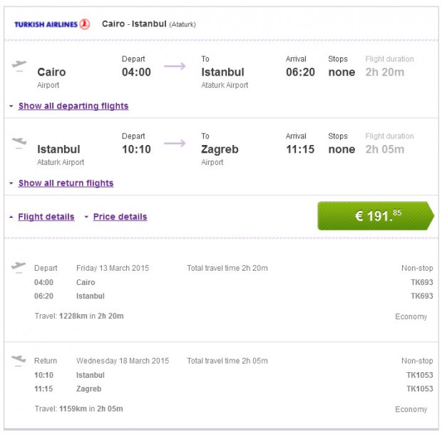 Cairo >> Istanbul + Istanbul >> Zagreb