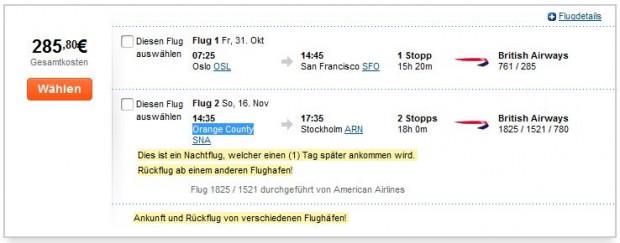 Oslo >> San Francisco -- Santa Ana (Los Angeles) >> Stockholm