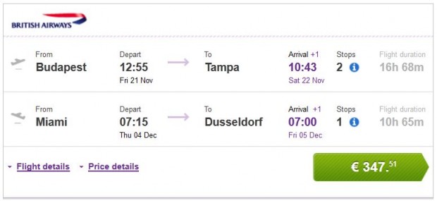 Budimpešta >> Tampa -- Miami >> Dusseldorf