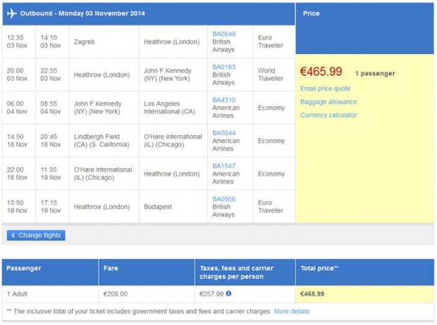 Zagreb >> Los Angeles -- San Diego >> Budimpešta, British Airways stranice