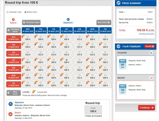 Beograd >> Istanbul >> Beograd, na Turkish Airlines stranicama: