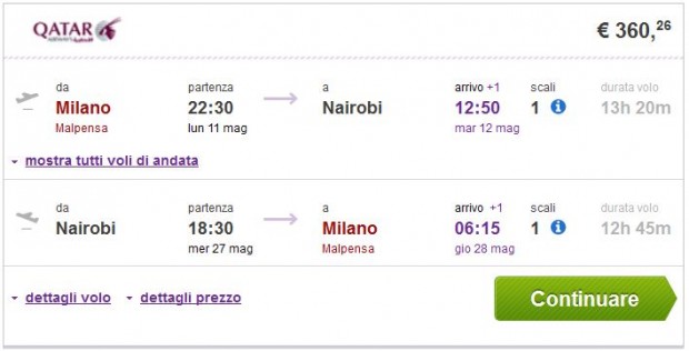 Milano >> Nairobi >> Milano, na budgetair.it stranicama
