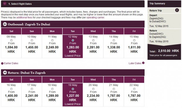 Zagreb >> Dubai >> Zagreb, na Qatar Airways stranicama