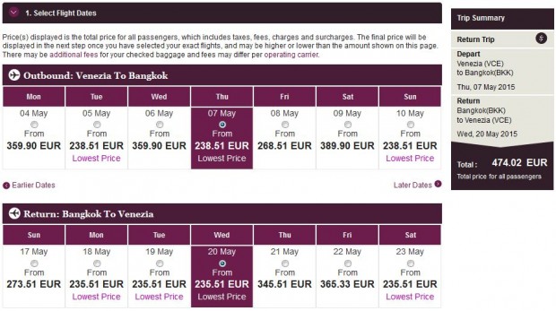 Venecija >> Bangkok >> Venecija, na Qatar Airways stranicama