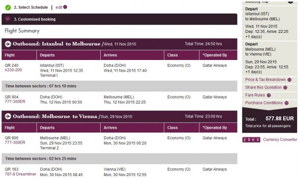 Istanbul >> Melbourne >> Beč, na Qatar Airways stranicama