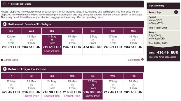 Venecija >> Tokio >> Venecija, na Qatar stranicama