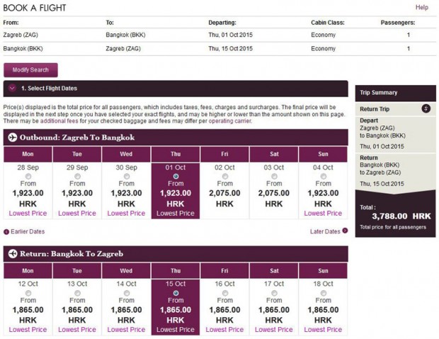 Zagreb >> Bangkok >> Zagreb, na Qatar stranicama