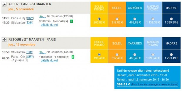 Pariz >> St. Maarten >> Pariz, na Air Caraïbes stranicama