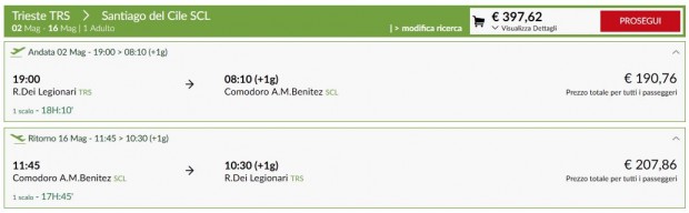 Trst >> Santiago de Chile >> Trst, na Alitalia stranicama