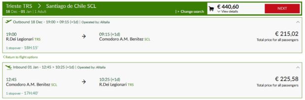 Trst >> Santiago de Chile >> Trst, na Alitalia stranicama